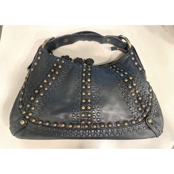 Isabel Fiore Black Leather Studded Hobo Bag With Brass Grommet Accents & Zipper - Picture 1 of 13
